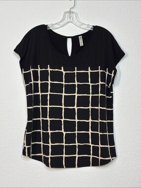 PerSeption Concept Black and Cream Grid Cap Sleeve Top